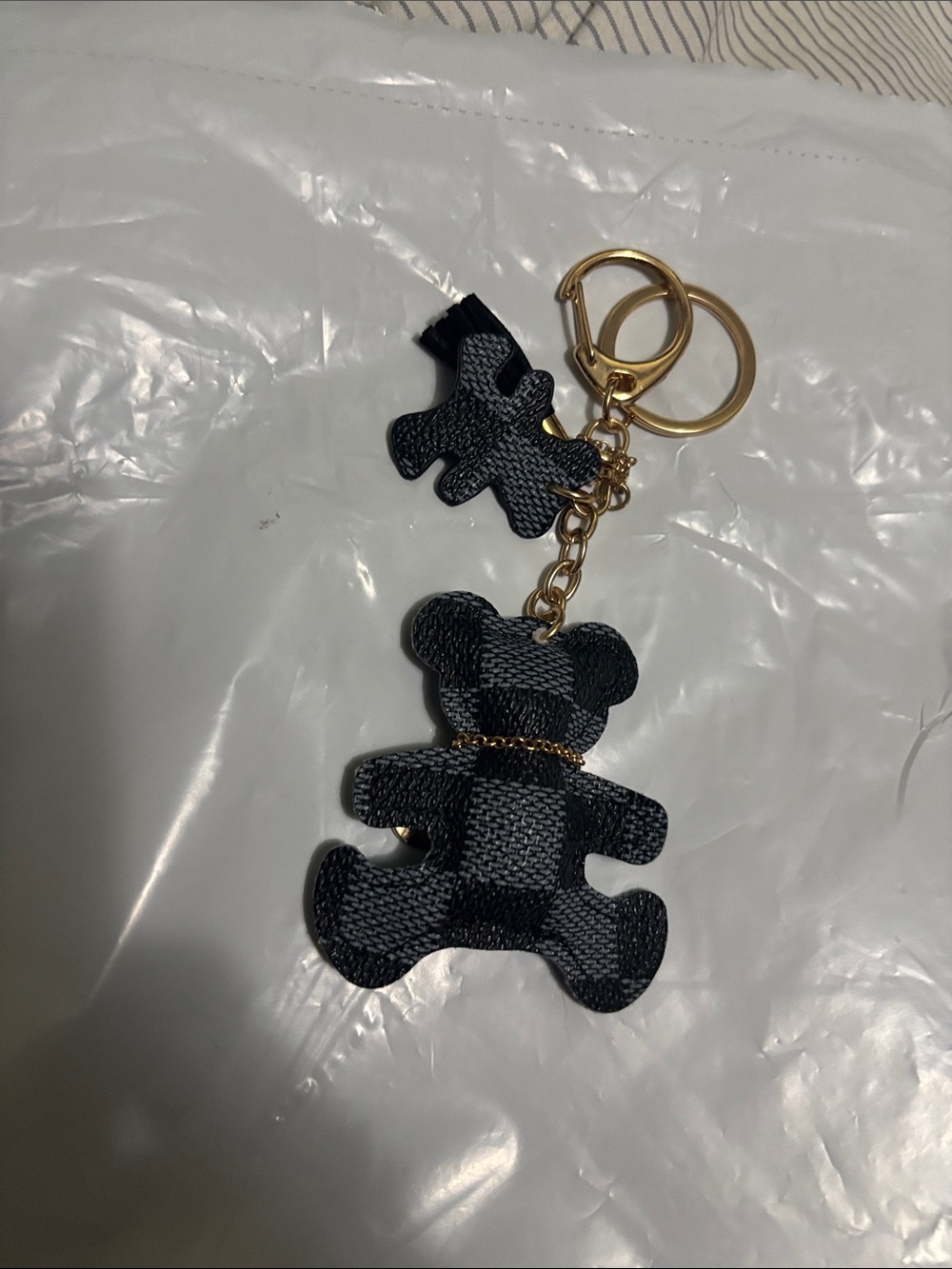 Stylish damier leather bear keychain